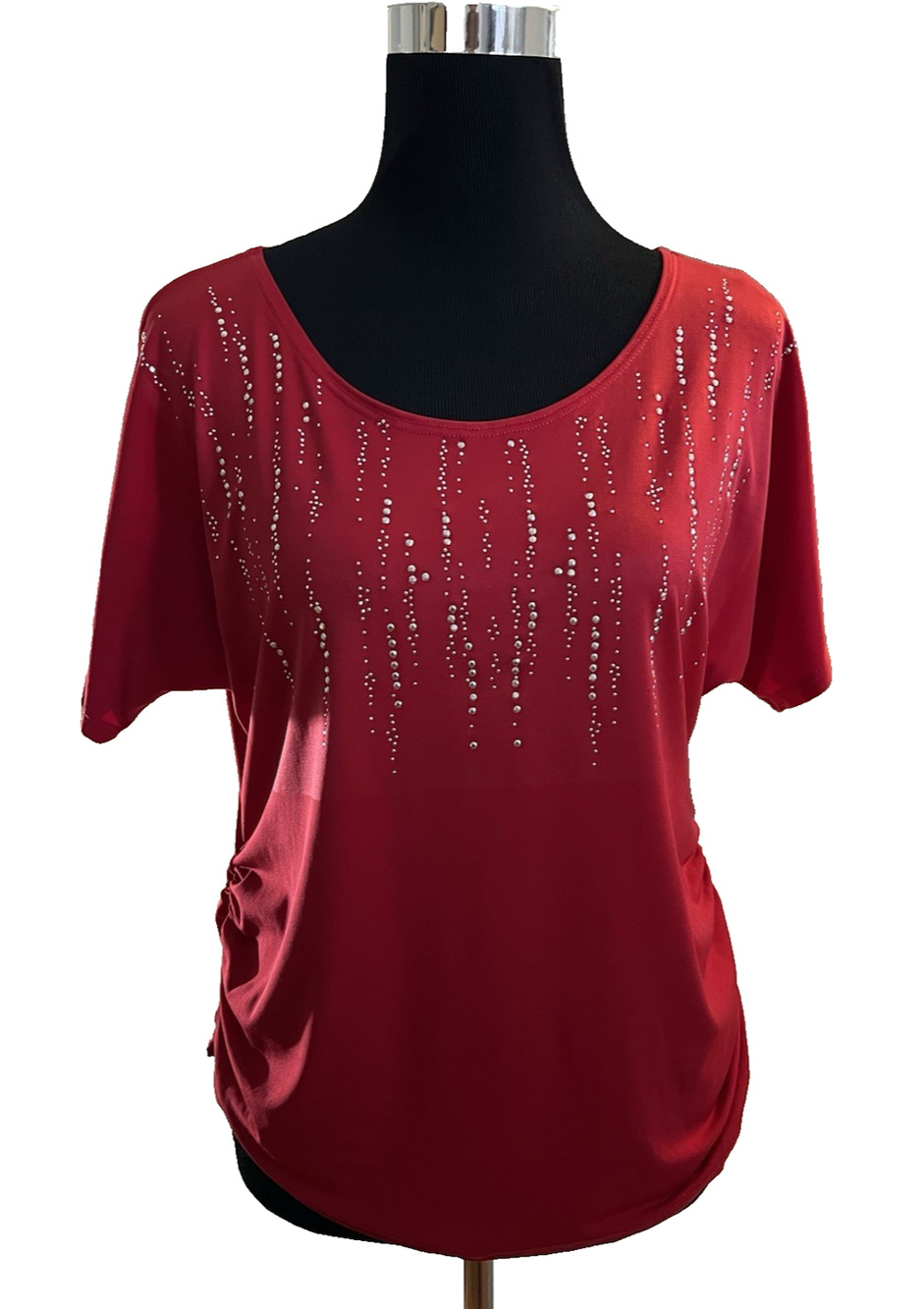 Emi & Joe Womens Red Rhinestone Embellished Short Sleeve Top M